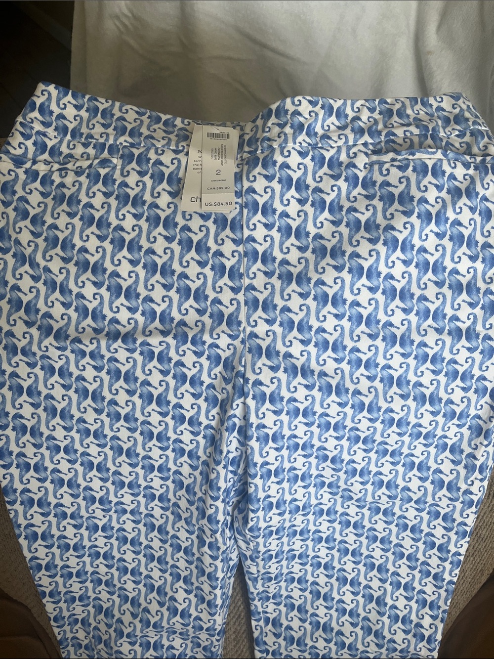 Chico's White and Blue Seahorse Print Crop Pants